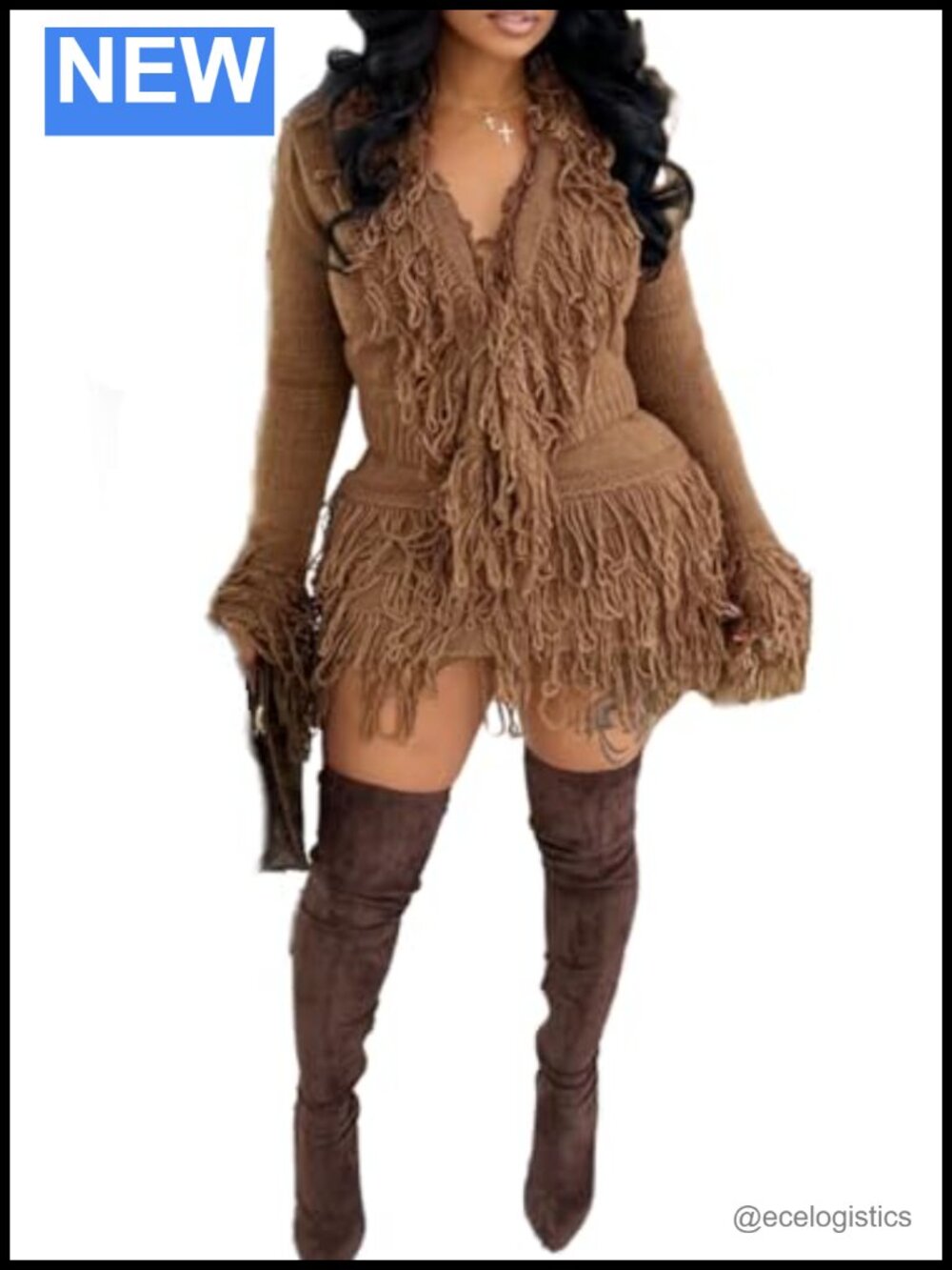 Fringe Cardigan & Skirt Set - Crochet Knit Tassel Outfit